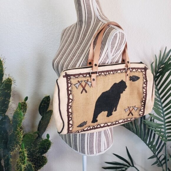 NWOT Western Boho Canvas Leather Large Bag Duffle - Picture 2 of 13